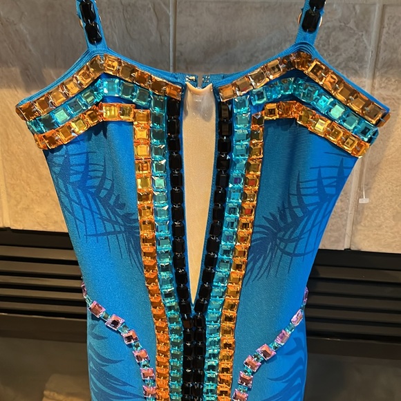 Blue Multicolor Mesh V Neck Embellished Beaded Bandage Bodycon Mini Dress - Picture 6 of 11